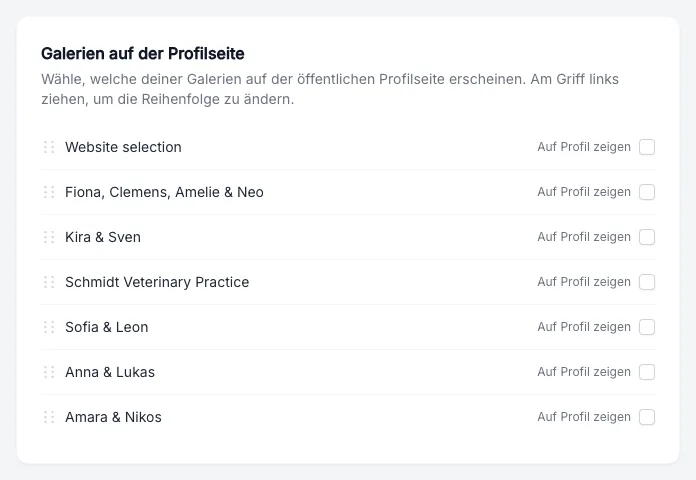 Eine Galerie auf die Profilseite nehmen