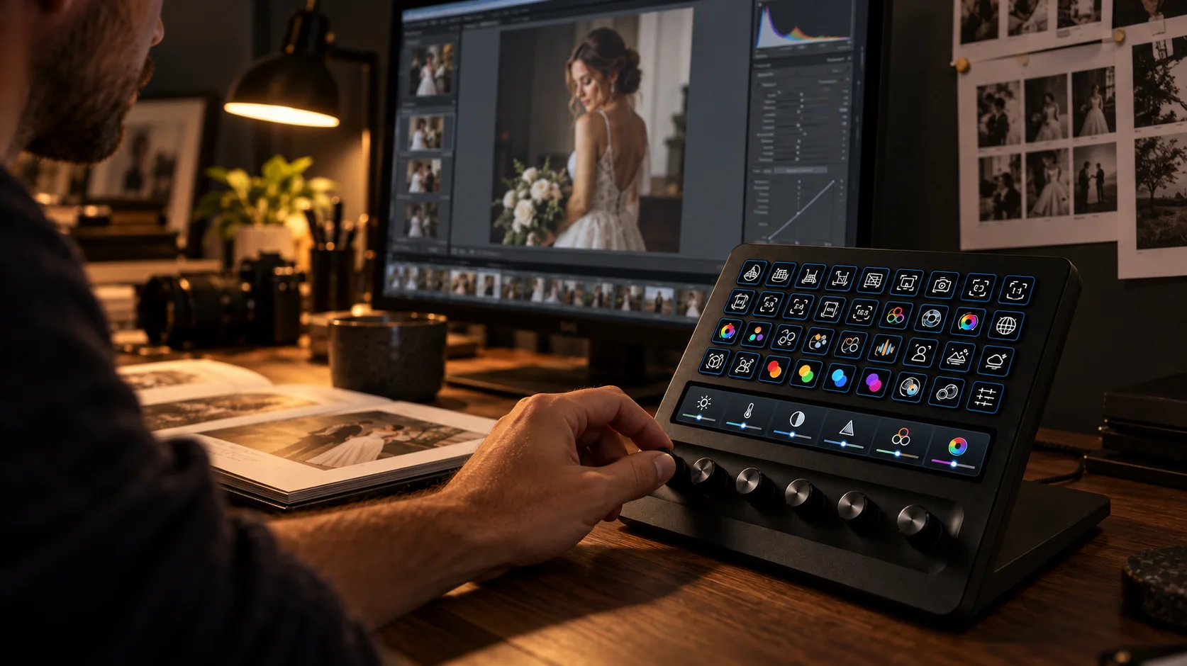 Fotograf bedient Lumapress am Stream Deck + XL während einer abendlichen Bildbearbeitung in Lightroom Classic