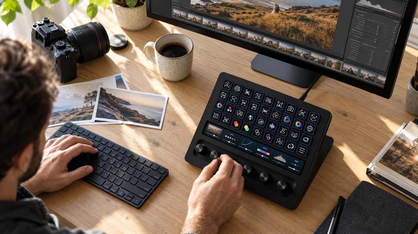 Fotograf bearbeitet Bilder in Lightroom Classic und bedient Lumapress am Stream Deck + XL aus der Draufsicht