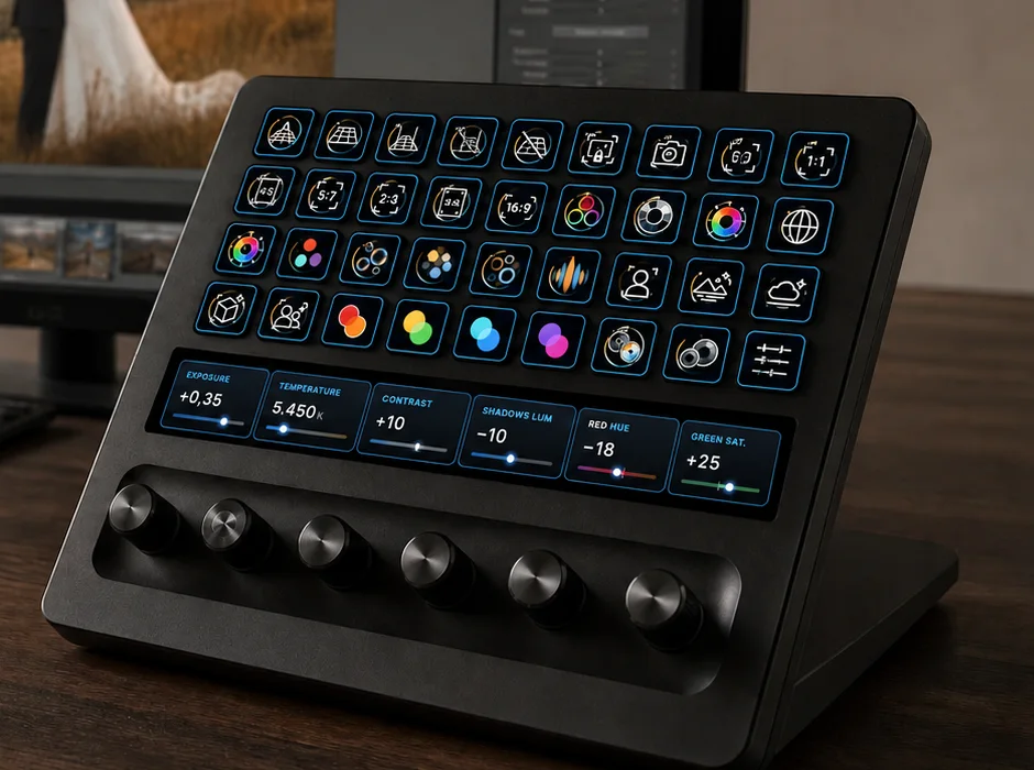 Nahaufnahme eines Stream Deck + XL mit Lumapress-Tasten, Touchstrip und Drehreglern