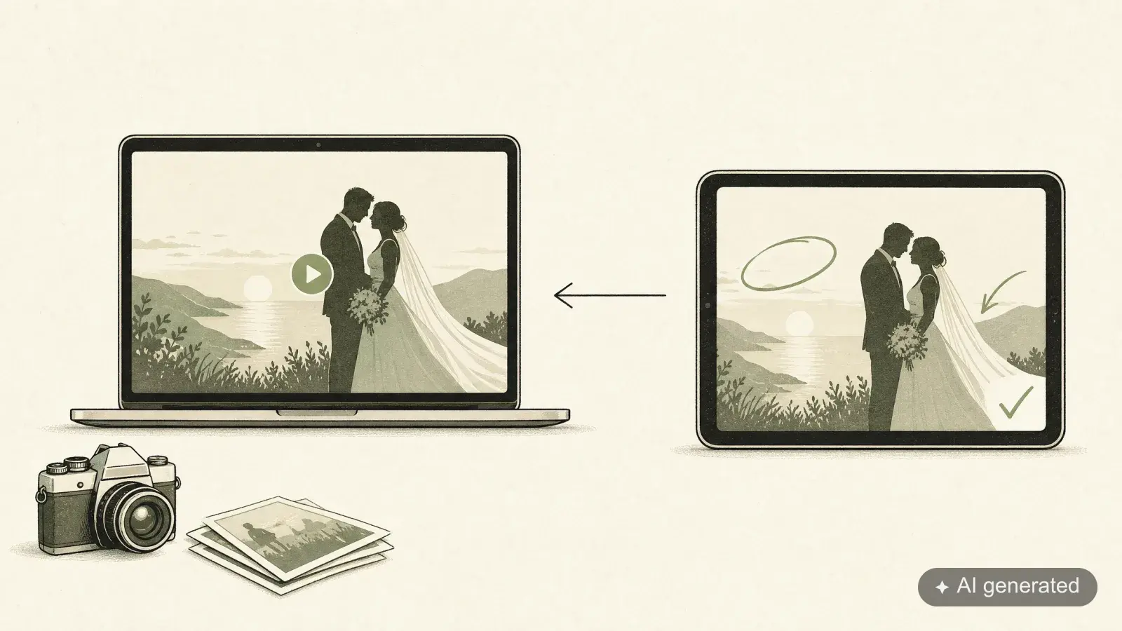 Illustration: links ein Laptop mit der Liefergalerie und Slideshow, rechts ein Tablet mit der Proofing-Galerie und Anmerkungen am Bild, ein Pfeil führt vom Tablet zum Laptop