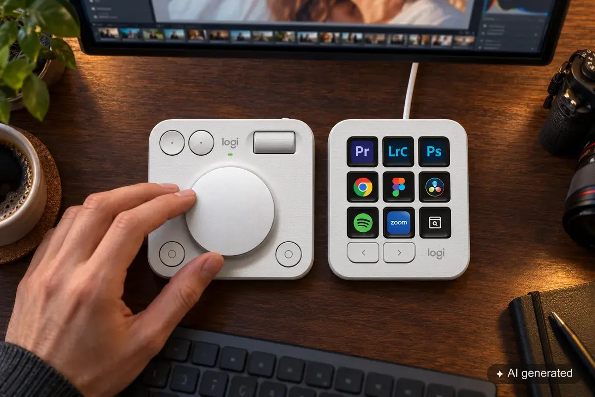 Logitech MX Creative Console mit Dialpad und Keypad an einem Arbeitsplatz.