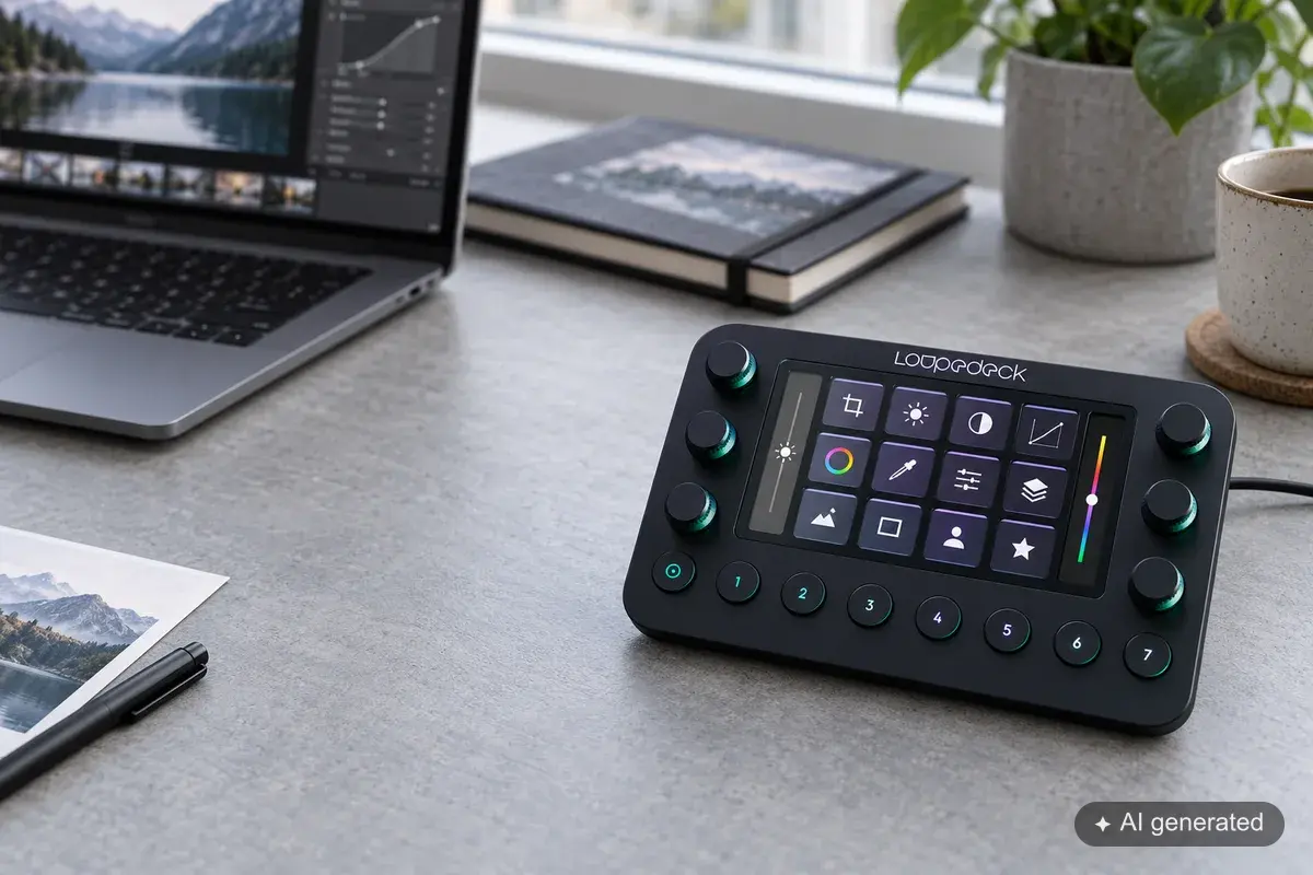 Loupedeck Live an einem hellen Arbeitsplatz neben einem Laptop.