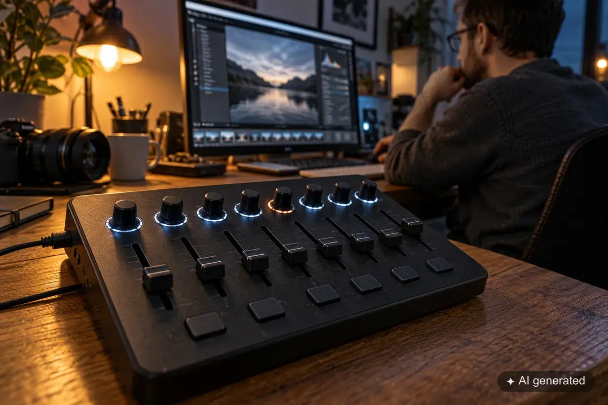Generischer MIDI-Controller mit Drehreglern und Fadern an einem Arbeitsplatz für Bildbearbeitung.