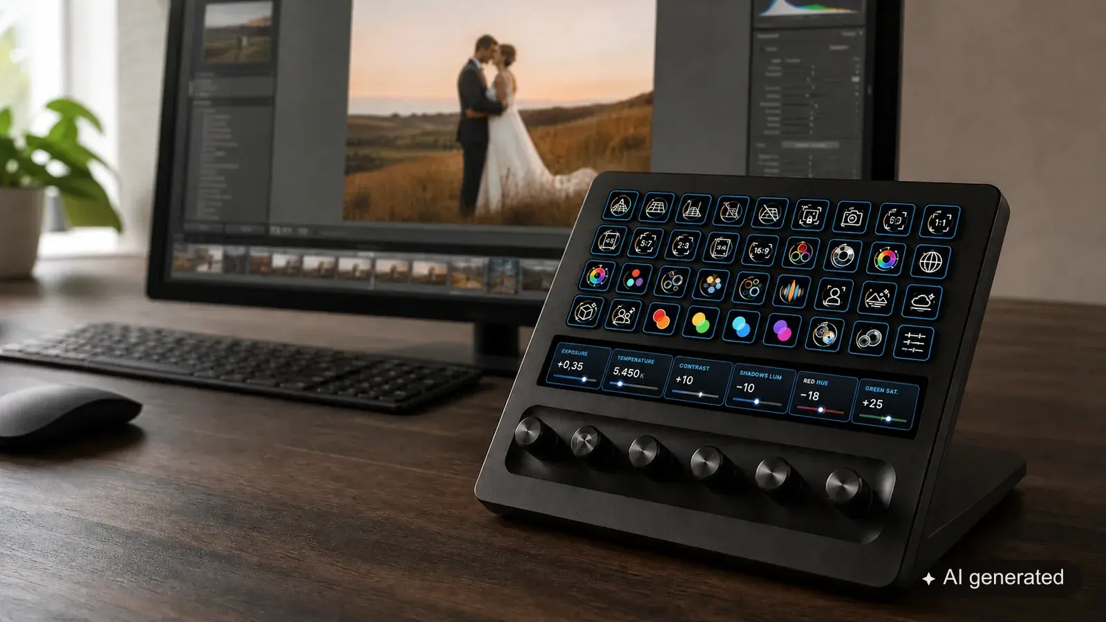 Elgato Stream Deck mit Lumapress an einem Arbeitsplatz für die Bildbearbeitung.