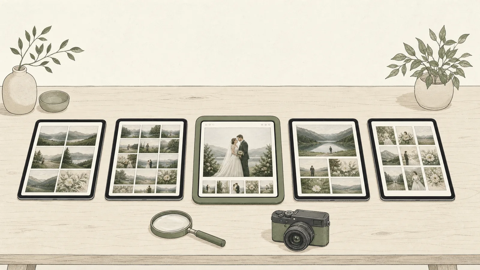 Illustration: fünf Tablets mit verschiedenen Bildergalerien nebeneinander auf einem Holztisch, in der Mitte ein Hochzeitsfoto, davor Lupe und Kamera