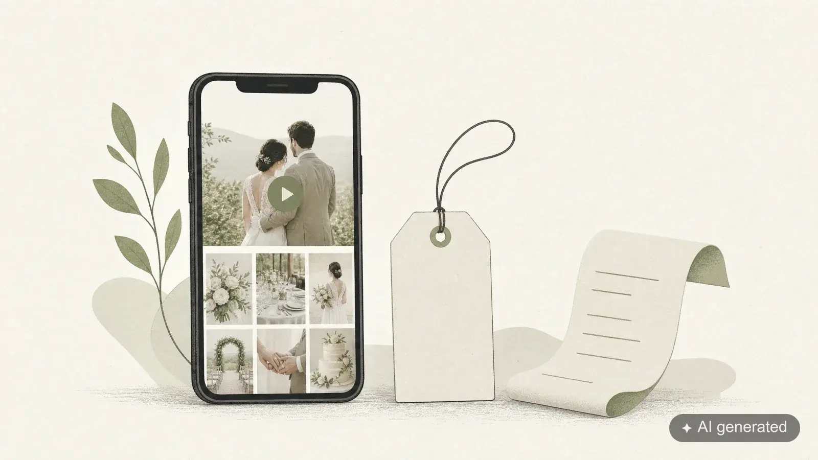 Illustration: Smartphone mit einer Hochzeitsgalerie, daneben ein Preisanhänger und ein Kassenzettel