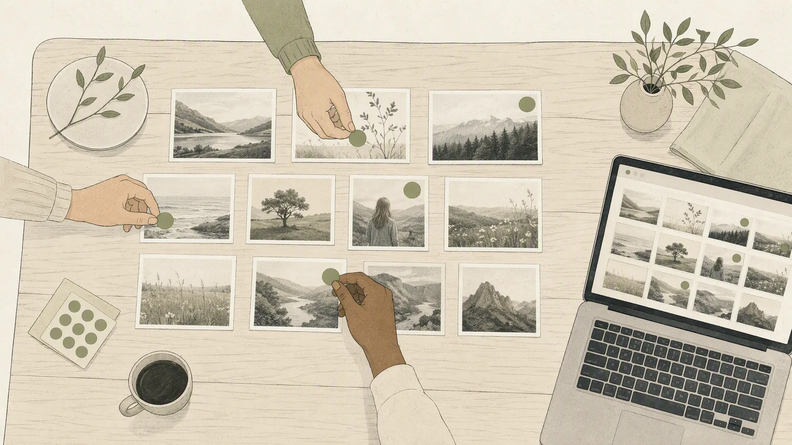 Illustration: two hands sorting prints on a table and marking their selection with dots, next to a laptop showing the gallery