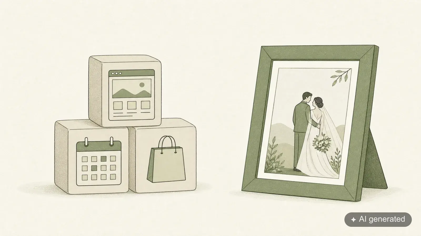 Illustration: stacked boxes with website, calendar and store icons next to a framed wedding photo