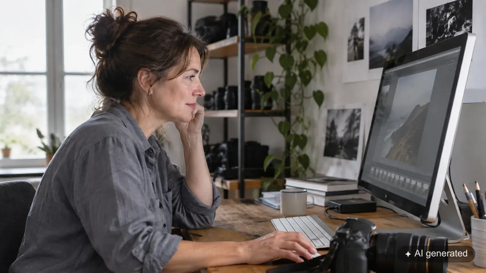Fotografin betrachtet eine Landschaftsaufnahme am Bildschirm ihres Arbeitsplatzes.