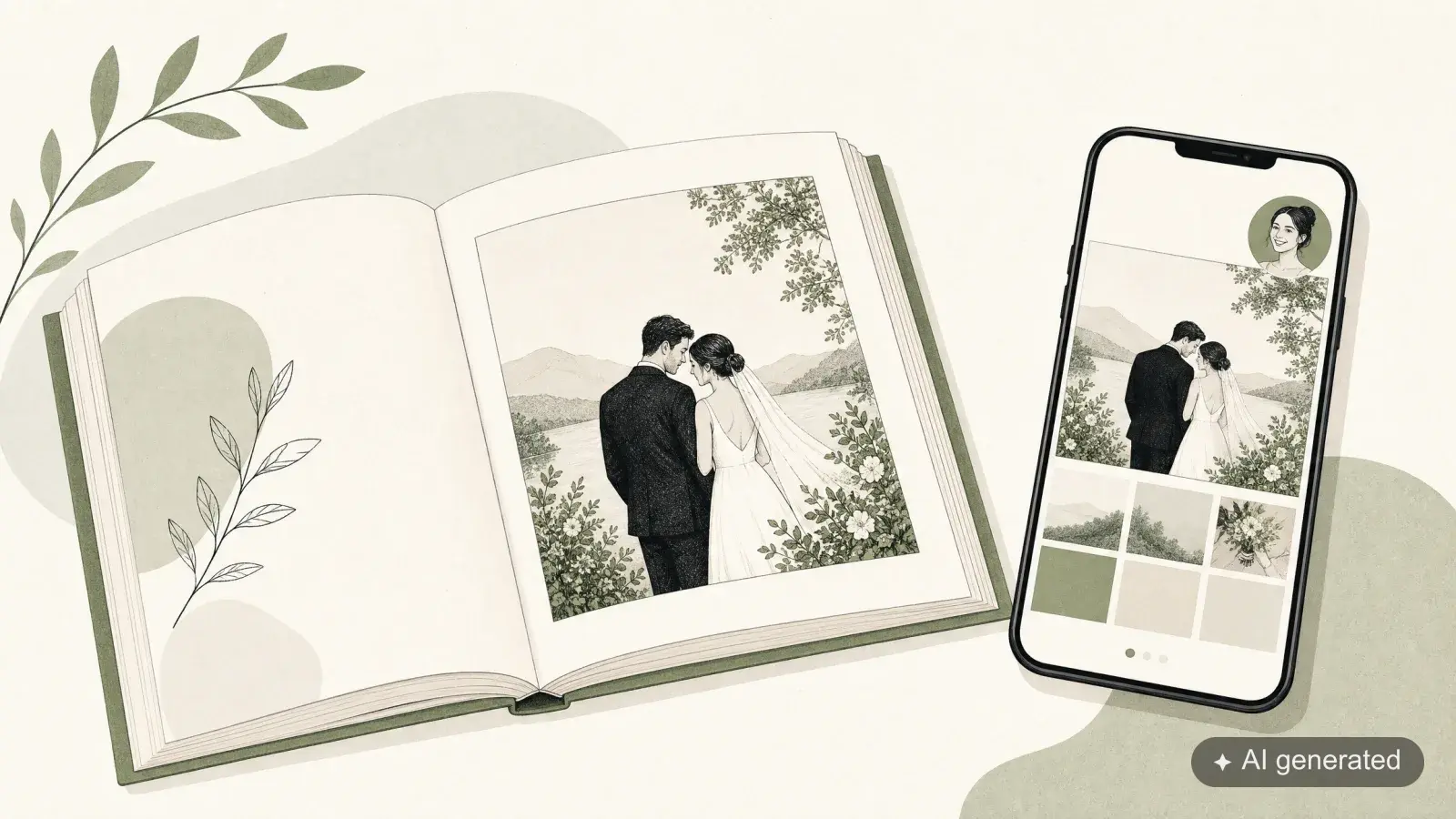 Illustration: aufgeschlagenes Fotobuch mit einem Hochzeitsfoto, daneben ein Smartphone mit derselben Galerie
