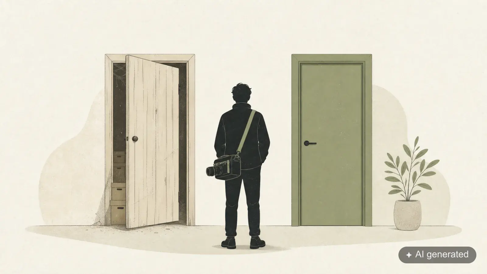 Illustration: Fotograf mit Kameratasche zwischen einer alten Holztür und einer neuen grünen Tür